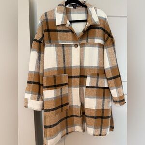 HYFVE Tan and White Plaid Trench Coat
